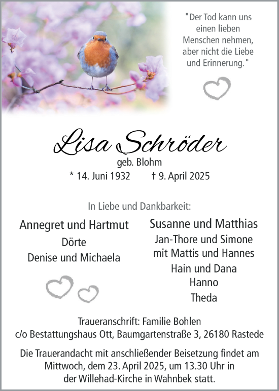 Traueranzeige von Lisa Schröder von Nordwest-Zeitung