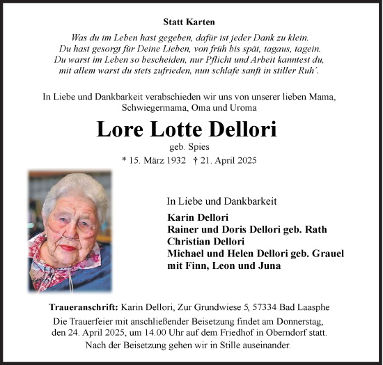 Traueranzeige von Lore Lotte Dellori von WI