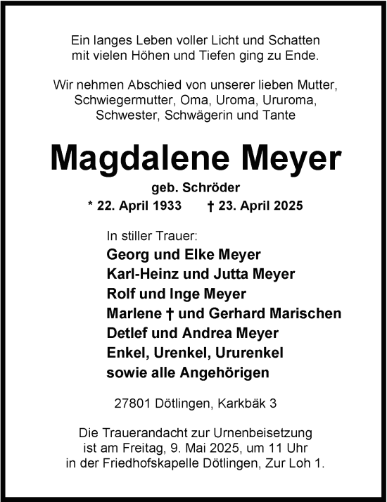 Traueranzeige von Magdalene Meyer von Nordwest-Zeitung