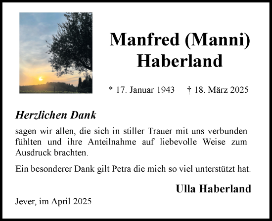 Traueranzeige von Manfred Haberland von WZ/JW/AH