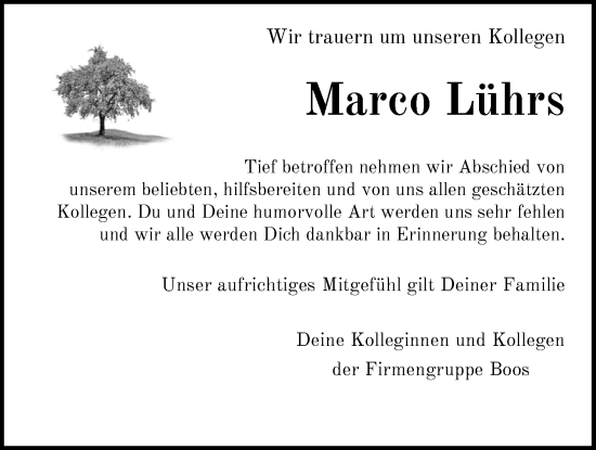 Traueranzeige von Marco Lührs von Nordwest-Zeitung