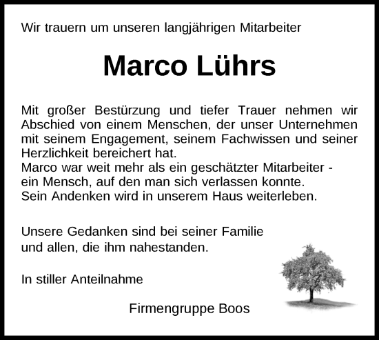 Traueranzeige von Marco Lührs von Nordwest-Zeitung