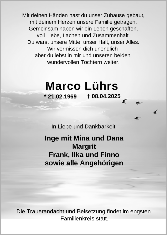  Traueranzeige für Marco Lührs vom 12.04.2025 aus Nordwest-Zeitung