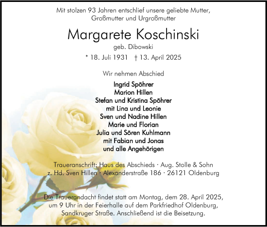 Traueranzeige von Margarete Koschinski von Nordwest-Zeitung