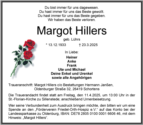 Traueranzeige von Margot Hillers von WZ/JW/AH