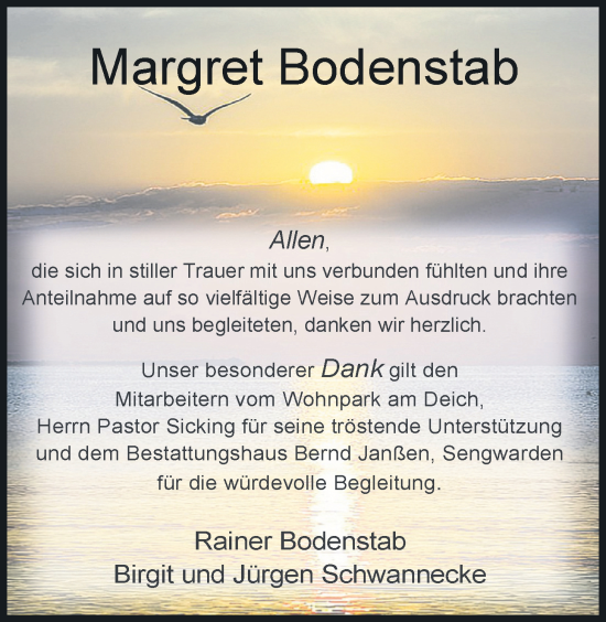 Traueranzeige von Margret Bodenstab von WZ/JW/AH