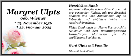 Traueranzeige von Margret Ulpts von Nordwest-Zeitung