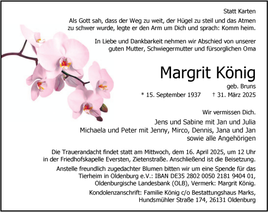 Traueranzeige von Margrit König von Nordwest-Zeitung