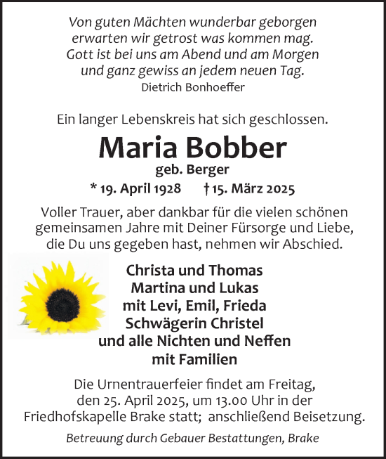 Traueranzeige von Maria Bobber von Nordwest-Zeitung
