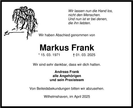 Traueranzeige von Markus Frank von WZ/JW/AH