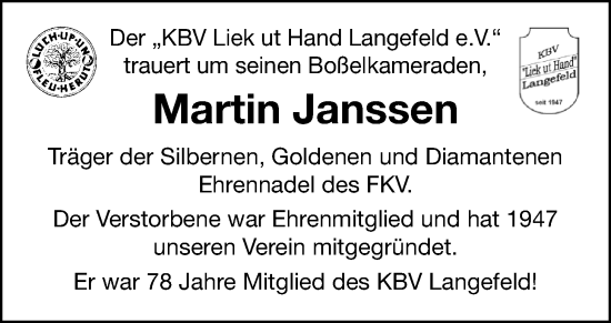 Traueranzeige von Martin Janssen von WZ/JW/AH