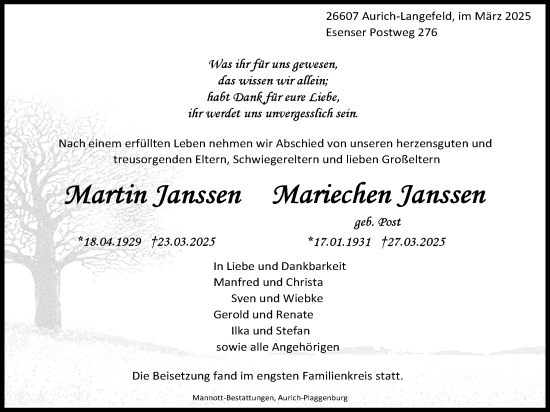 Traueranzeige von Martin Janssen von WZ/JW/AH