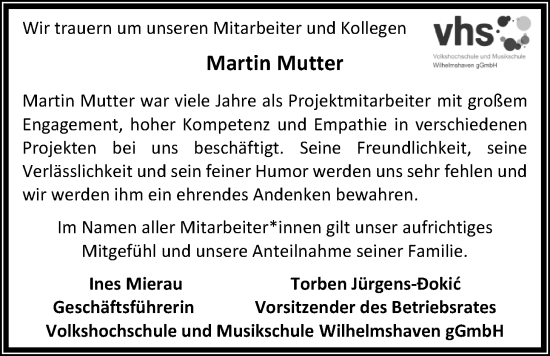 Traueranzeige von Martin Mutter von WZ/JW/AH