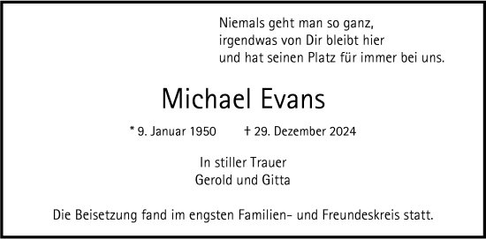 Traueranzeige von Michael Evans von Nordwest-Zeitung