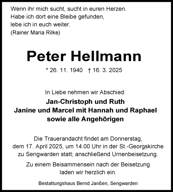 Traueranzeige von Peter Hellmann von WZ/JW/AH