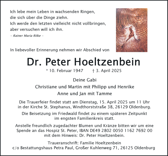 Traueranzeige von Peter Hoeltzenbein von Nordwest-Zeitung