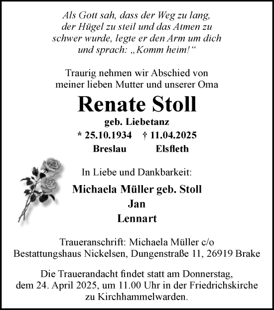 Traueranzeige von Renate Stoll von Nordwest-Zeitung