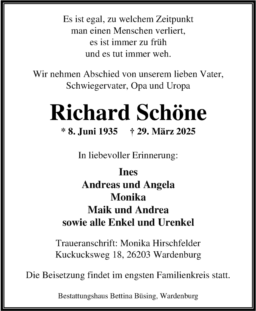  Traueranzeige für Richard Schöne vom 12.04.2025 aus Nordwest-Zeitung