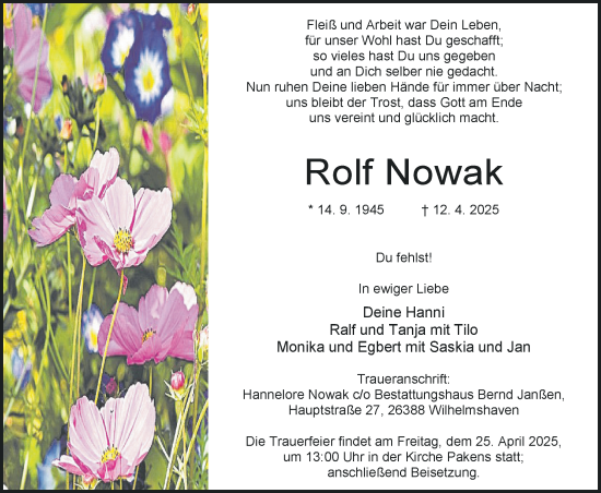 Traueranzeige von Rolf Nowak von WZ/JW/AH