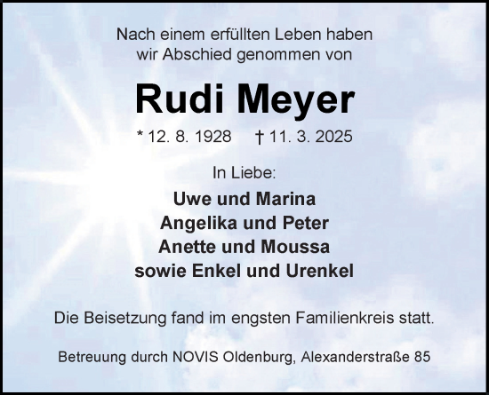 Traueranzeige von Rudi Meyer von Nordwest-Zeitung