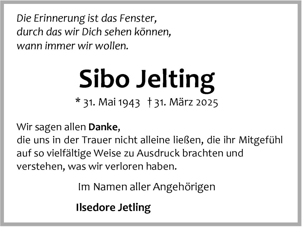  Traueranzeige für Sibo Jelting vom 26.04.2025 aus Nordwest-Zeitung
