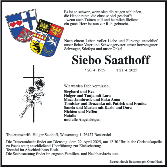 Traueranzeige von Siebo Saathoff von WZ/JW/AH