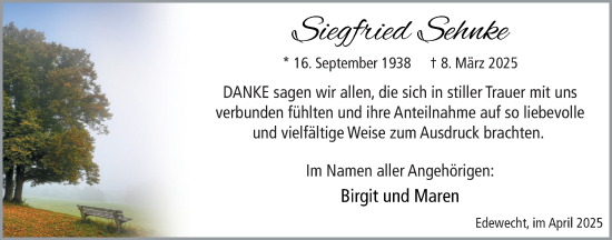 Traueranzeige von Siegfried Sehnke von Nordwest-Zeitung