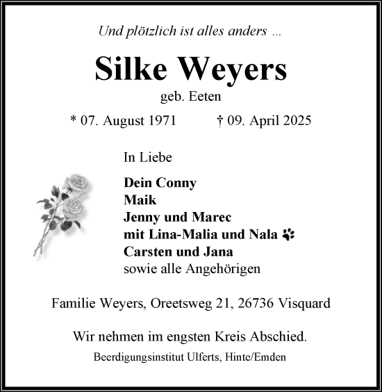 Traueranzeige von Silke Weyers von Emder Zeitung
