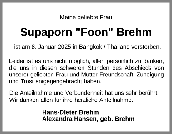 Traueranzeige von Supaporn Brehm von WZ/JW/AH