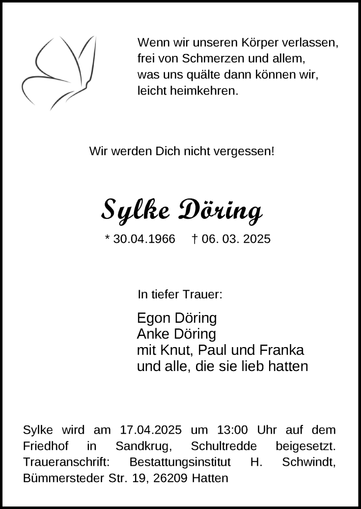  Traueranzeige für Sylke Döring vom 05.04.2025 aus Nordwest-Zeitung