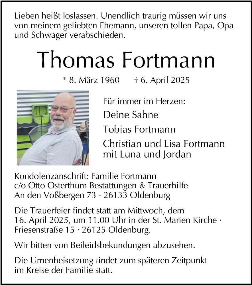  Traueranzeige für Thomas Fortmann vom 12.04.2025 aus Nordwest-Zeitung