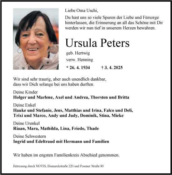 Traueranzeige von Ursula Peters von WZ/JW/AH