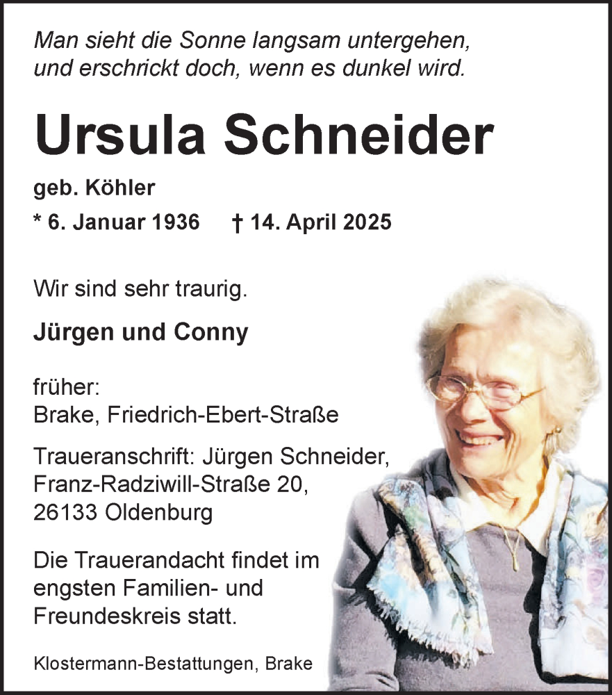  Traueranzeige für Ursula Schneider vom 19.04.2025 aus Nordwest-Zeitung