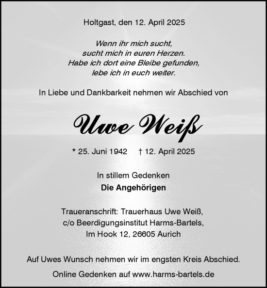 Traueranzeige von Uwe Weiß von WZ/JW/AH