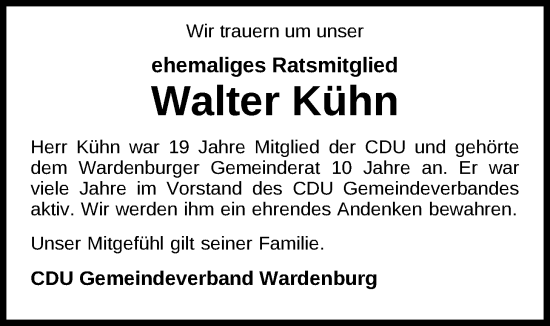 Traueranzeige von Walter Kühn von Nordwest-Zeitung