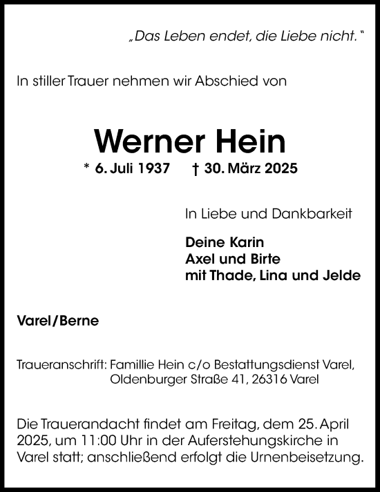 Traueranzeige von Werner Hein von Nordwest-Zeitung