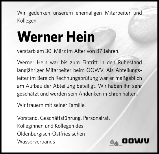 Traueranzeige von Werner Hein von Nordwest-Zeitung