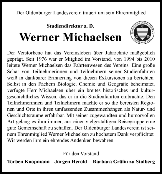 Traueranzeige von Werner Michaelsen von Nordwest-Zeitung