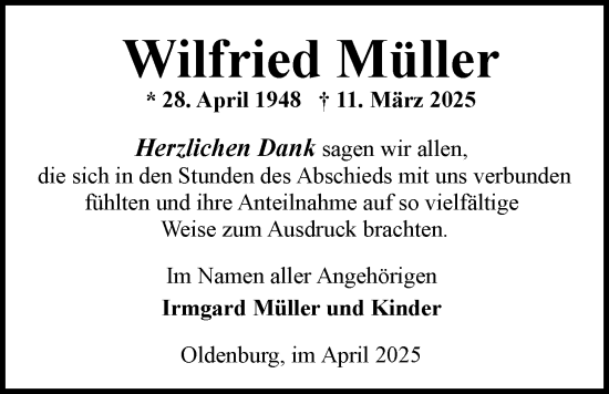Traueranzeige von Wilfried Müller von Nordwest-Zeitung