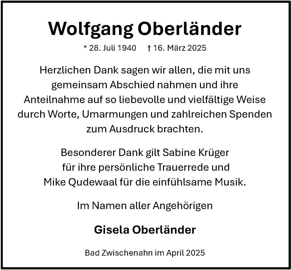  Traueranzeige für Wolfgang Oberländer vom 26.04.2025 aus Nordwest-Zeitung