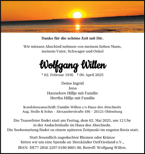 Traueranzeige von Wolfgang Willen von Nordwest-Zeitung