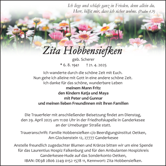 Traueranzeige von Zita Hobbensiefken von Nordwest-Zeitung