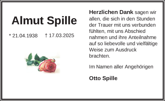 Traueranzeige von Almut Spille von Nordwest-Zeitung
