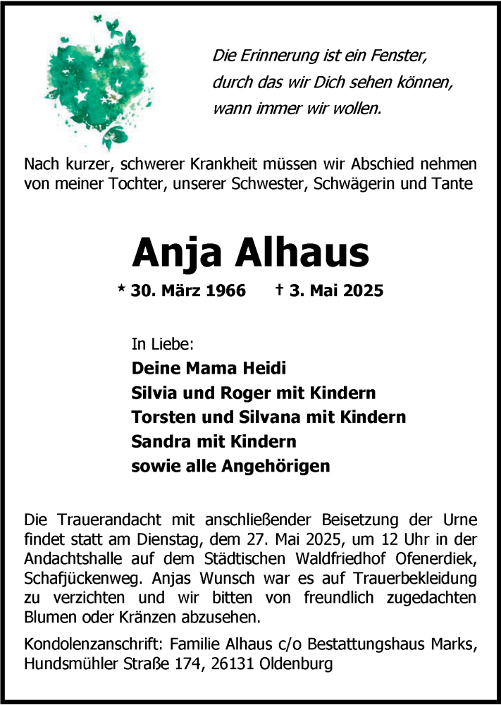  Traueranzeige für Anja Alhaus vom 10.05.2025 aus Nordwest-Zeitung
