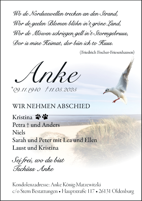 Traueranzeige von Anke König Matzewitzki von Nordwest-Zeitung