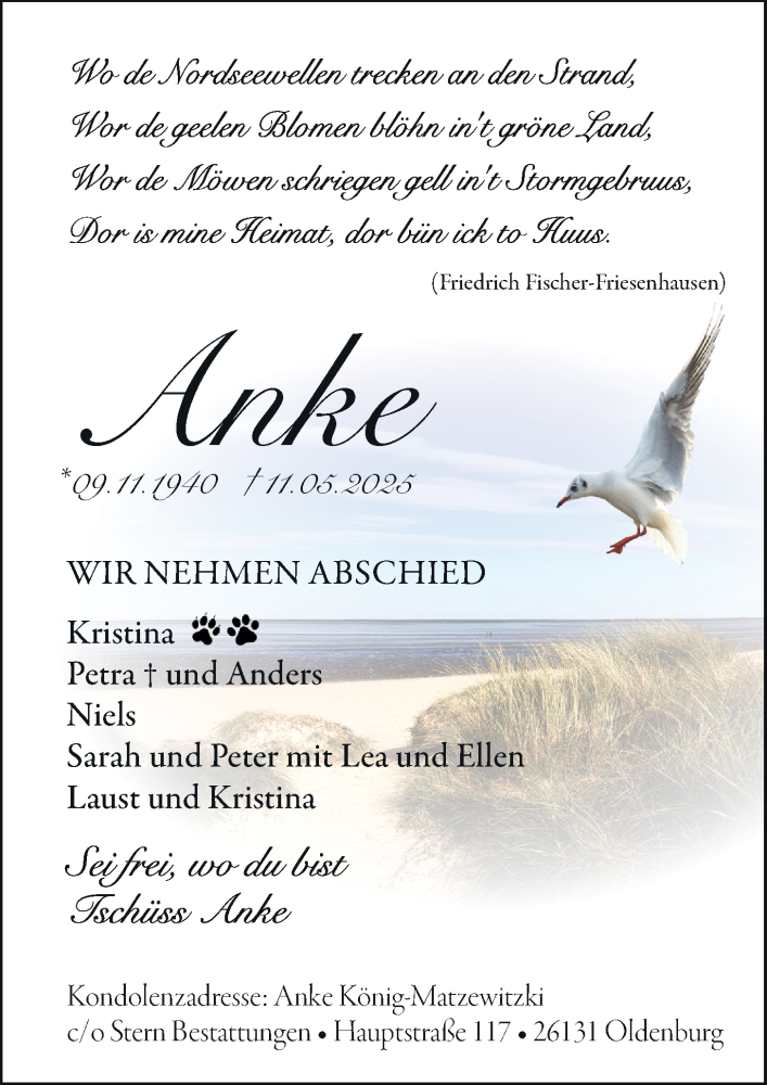 Traueranzeige für Anke König Matzewitzki vom 24.05.2025 aus Nordwest-Zeitung