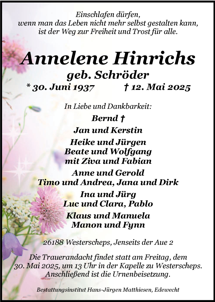 Traueranzeige für Annelene Hinrichs vom 17.05.2025 aus Nordwest-Zeitung