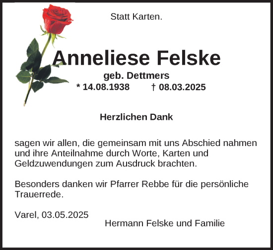 Traueranzeige von Anneliese Felske von Nordwest-Zeitung
