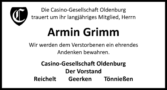 Traueranzeige von Armin Grimm von Nordwest-Zeitung