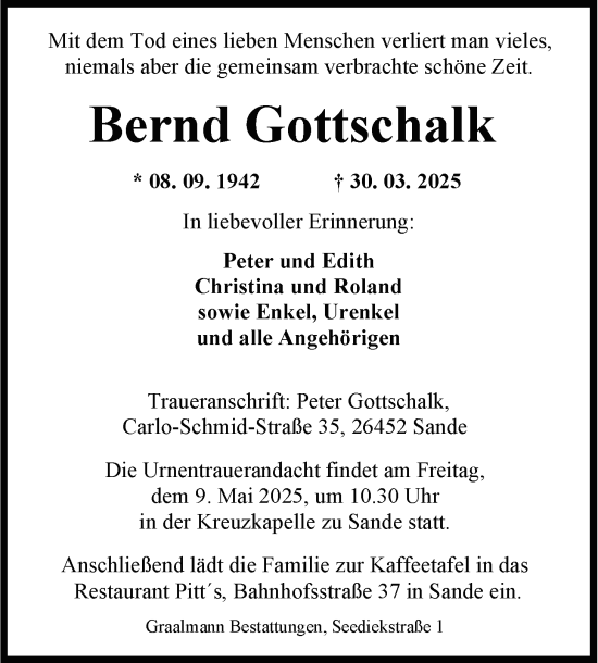 Traueranzeige von Bernd Gottschalk von WZ/JW/AH